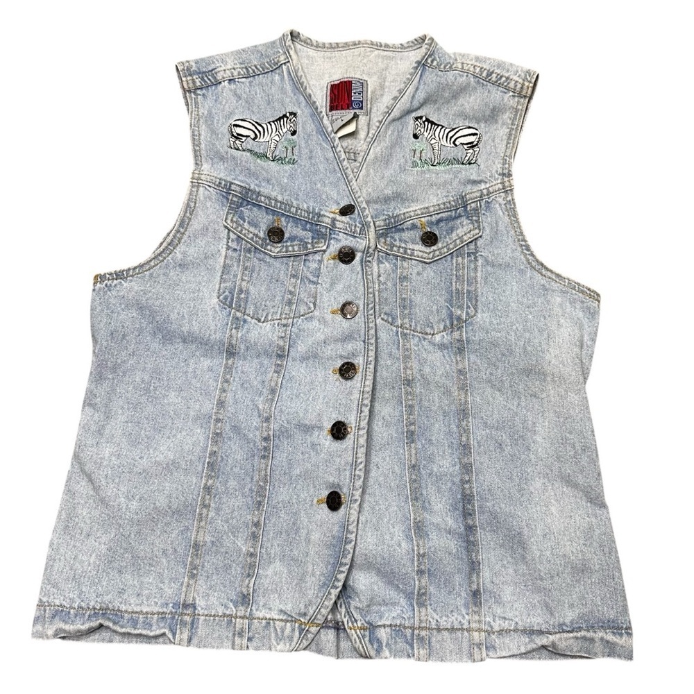 VTG Sunbelt Denim Safari Zebra Embroidered Denim Vest Sz L Cotton Button Down
